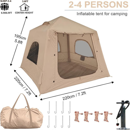 Inflatable Camping Tent,2-4 Persons Easy Setup Blow up Tents for 4 Seasons Waterproof Inflatable Tent for Camping,Air Tent with Mesh Windows/Doors