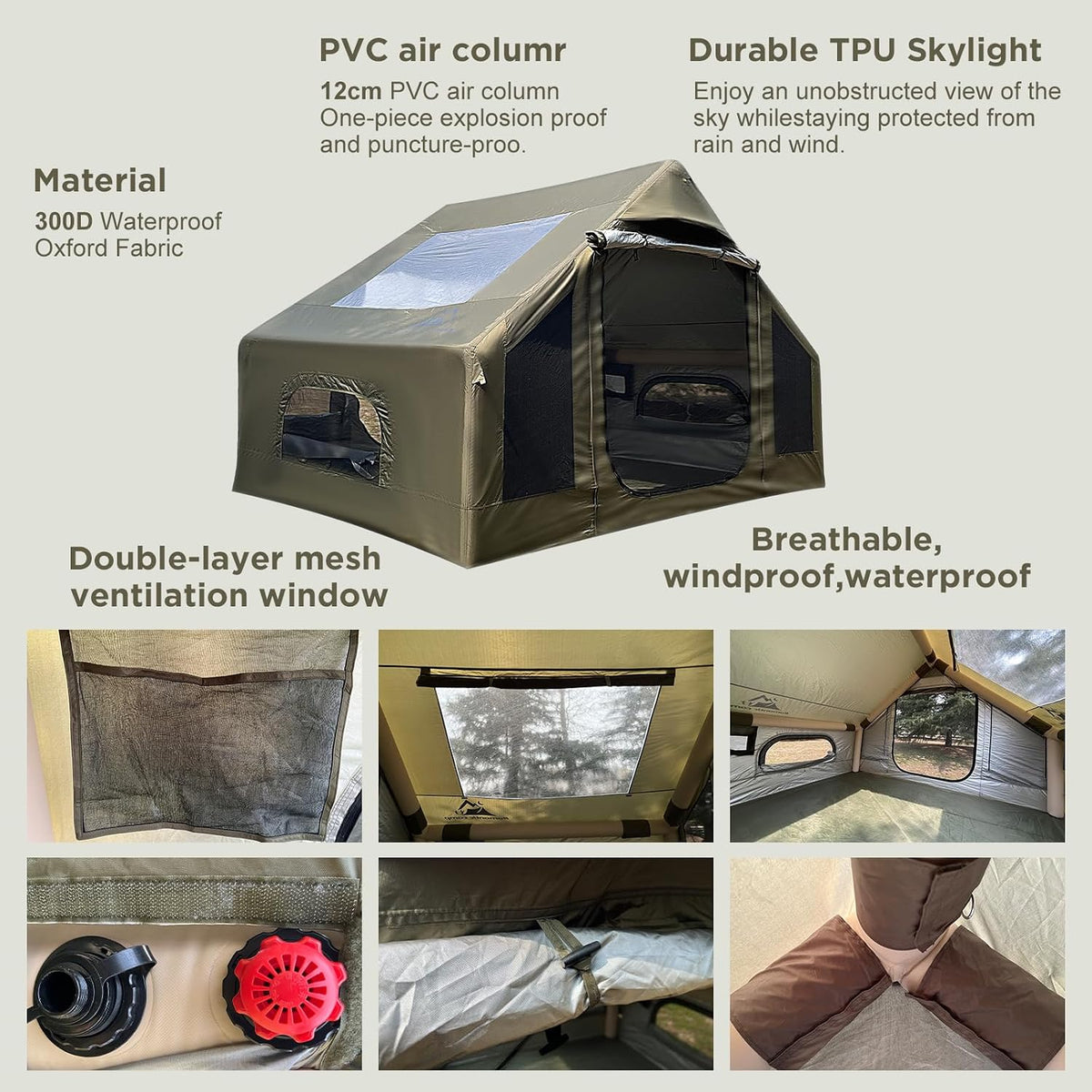 Inflatable Tent for Camping, Quick Setup Blow up Tents with Pump, Waterproof Oxford 4 Season Air Tent with Skylight, Large Glamping Tent for 2/4/6/8/12 Person