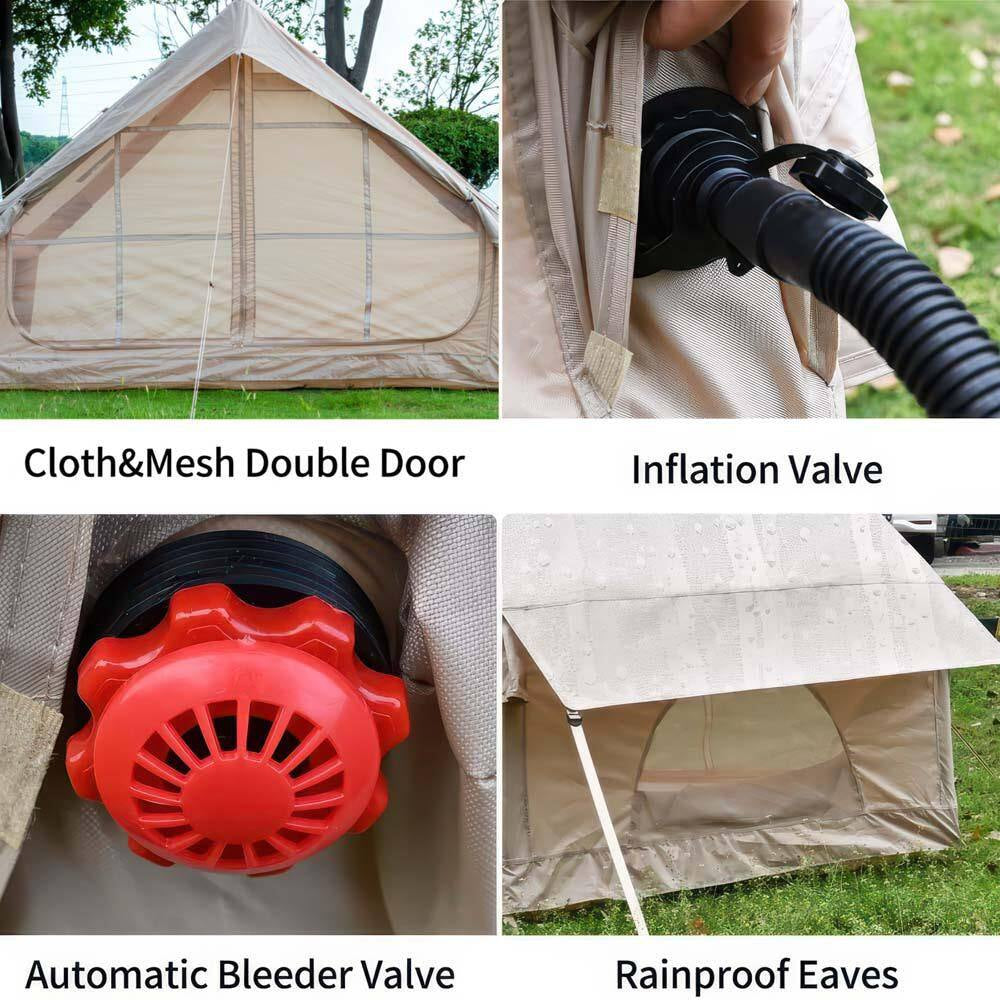6.6 Ft. X 9.8 Ft. Khaki Inflatable Tent with Pump, Glamping Tents with 12 Mesh Window for 4-6 Person, Easy Setup