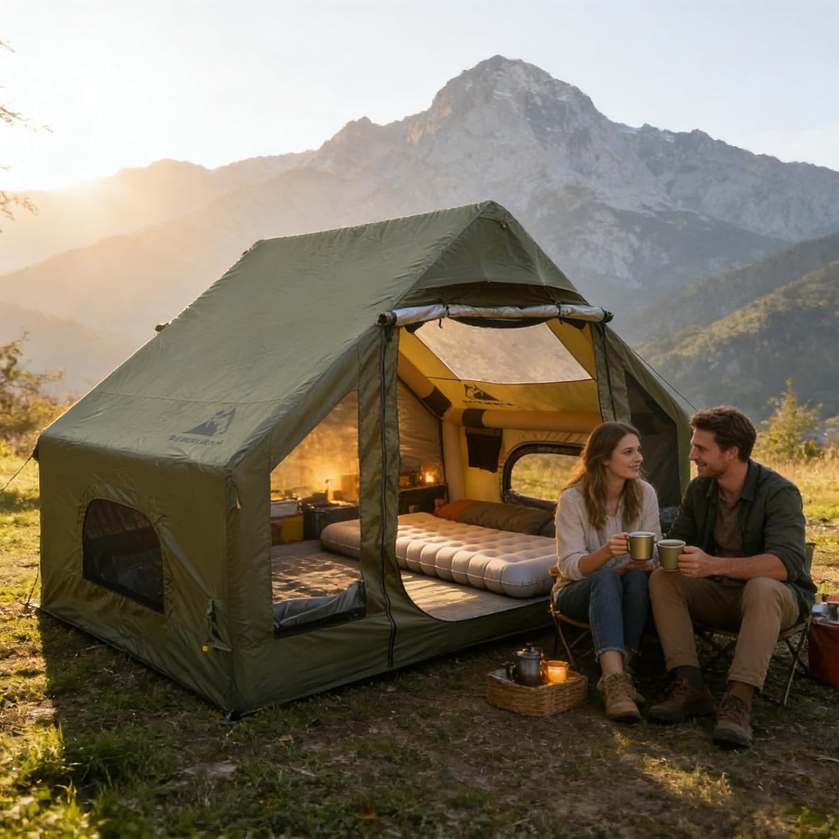 Inflatable Tent for Camping, Quick Setup Blow up Tents with Pump, Waterproof Oxford 4 Season Air Tent with Skylight, Large Glamping Tent for 2/4/6/8/12 Person