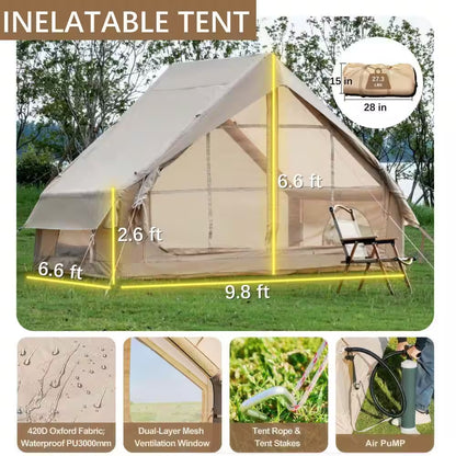 6.6 Ft. X 9.8 Ft. Khaki Inflatable Tent with Pump, Glamping Tents with 12 Mesh Window for 4-6 Person, Easy Setup