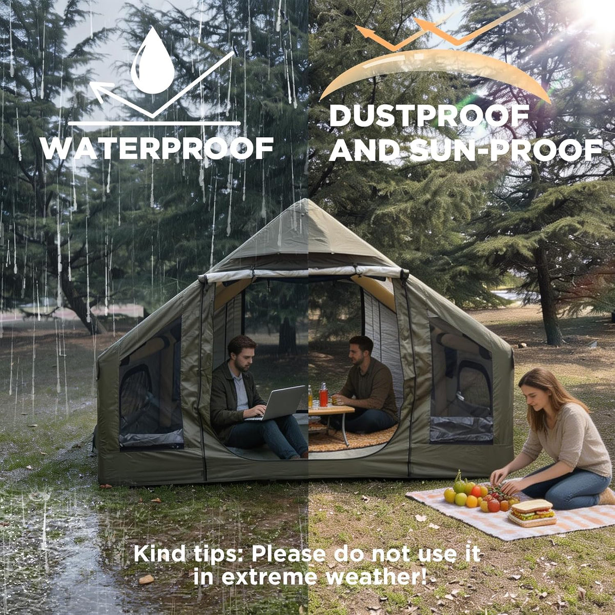 Inflatable Tent for Camping, Quick Setup Blow up Tents with Pump, Waterproof Oxford 4 Season Air Tent with Skylight, Large Glamping Tent for 2/4/6/8/12 Person