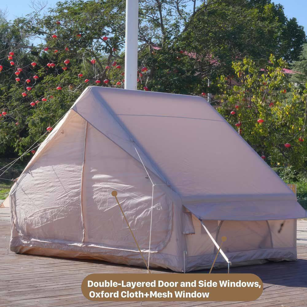 6.6 Ft. X 9.8 Ft. Khaki Inflatable Tent with Pump, Glamping Tents with 12 Mesh Window for 4-6 Person, Easy Setup