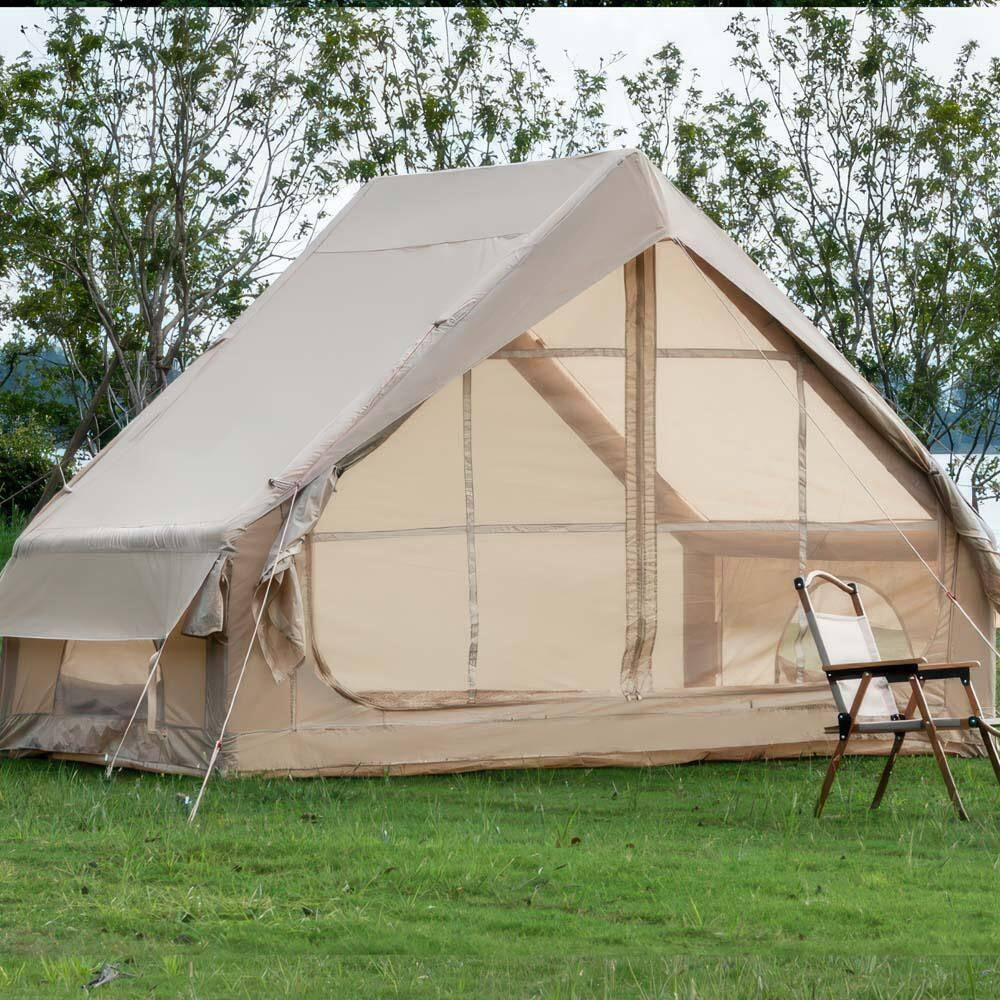 6.6 Ft. X 9.8 Ft. Khaki Inflatable Tent with Pump, Glamping Tents with 12 Mesh Window for 4-6 Person, Easy Setup