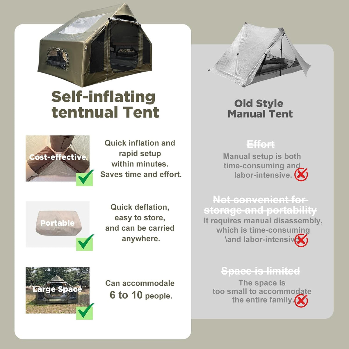 Inflatable Tent for Camping, Quick Setup Blow up Tents with Pump, Waterproof Oxford 4 Season Air Tent with Skylight, Large Glamping Tent for 2/4/6/8/12 Person