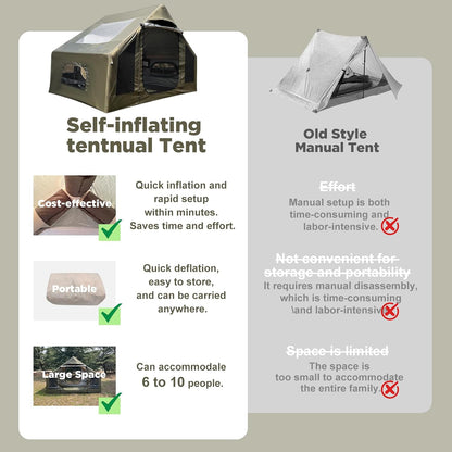 Inflatable Tent for Camping, Quick Setup Blow up Tents with Pump, Waterproof Oxford 4 Season Air Tent with Skylight, Large Glamping Tent for 2/4/6/8/12 Person