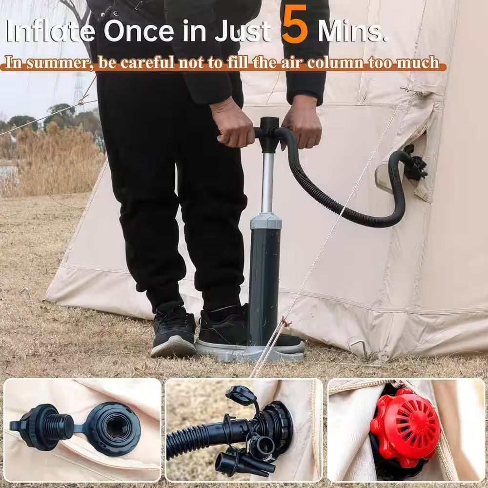 6.6 Ft. X 9.8 Ft. Khaki Inflatable Tent with Pump, Glamping Tents with 12 Mesh Window for 4-6 Person, Easy Setup