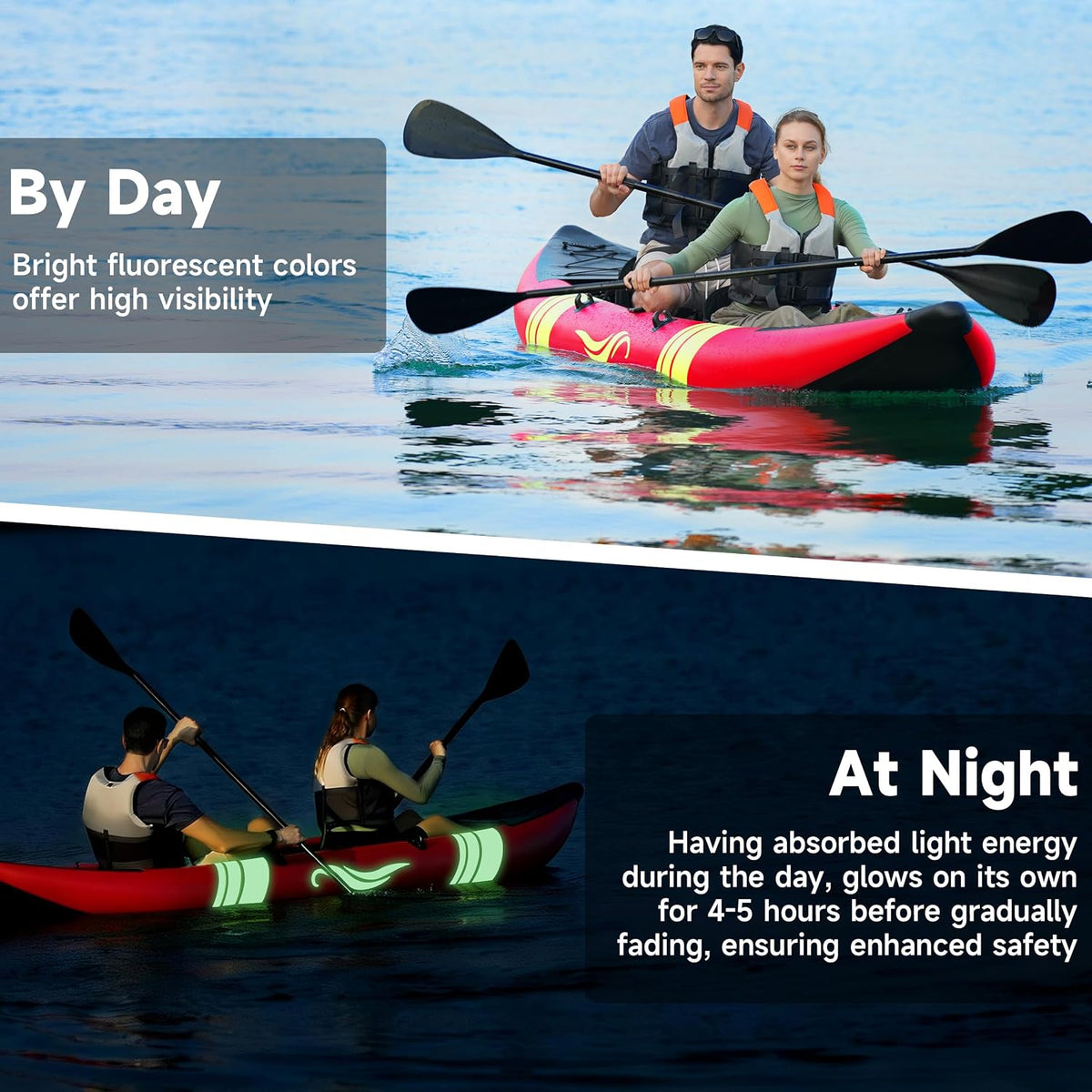 Inflatable Kayak 2 Person, Tandem Touring Kayaks for Adults, 12.5FT 507 LBS Capacity, Portable Kayak with Luminous Strips, Adjustable Kayak Seat, 2 Paddles, 2 Tail Fins, Pump &Storage Bag